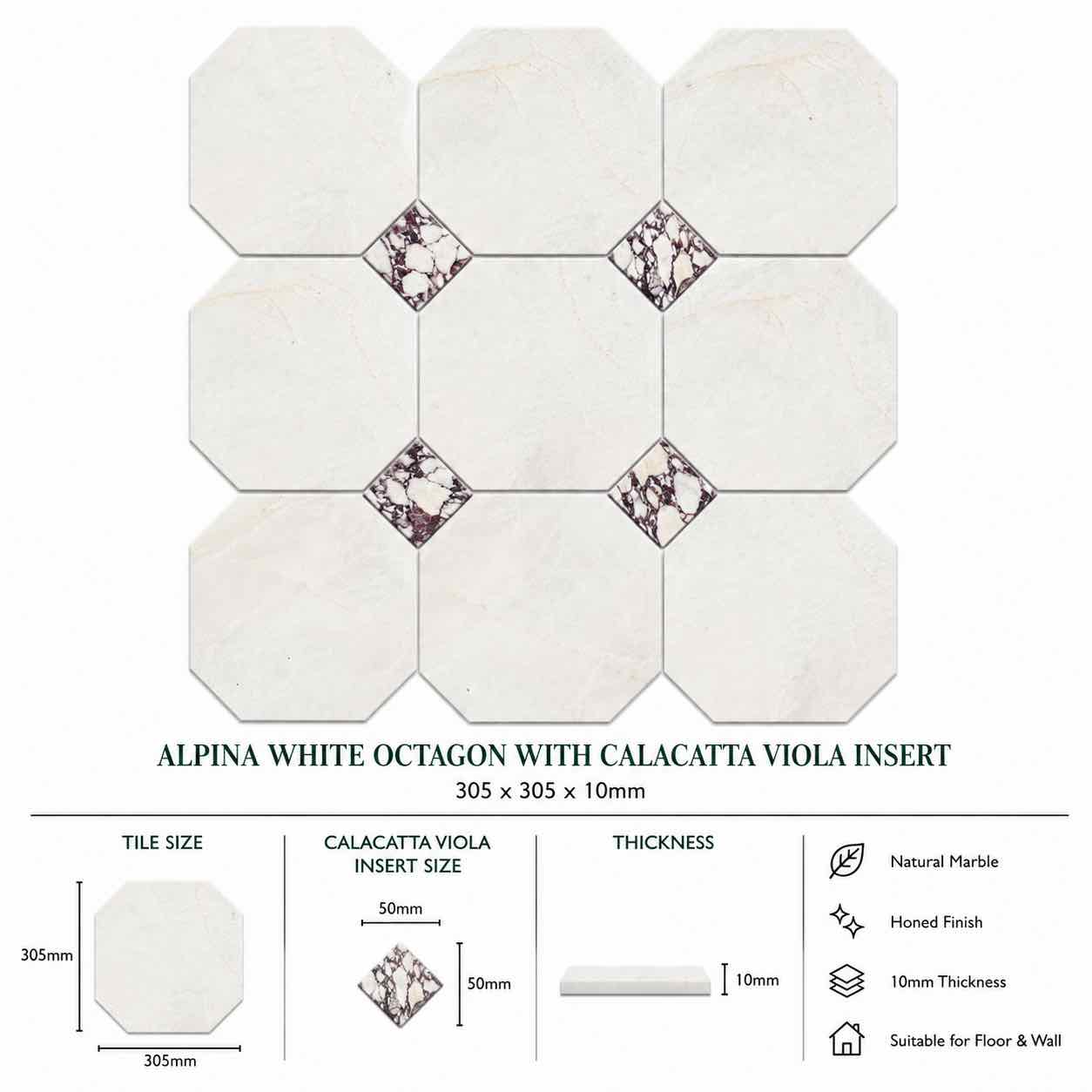 Alpina White Honed Octagon Marble Tile | Calacatta Viola | 305x305x10mm