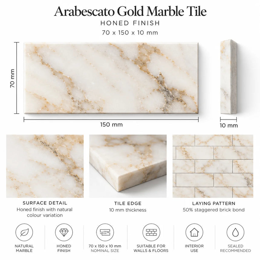 Arabescato Gold Honed Marble Metro Tile 70x140x10mm