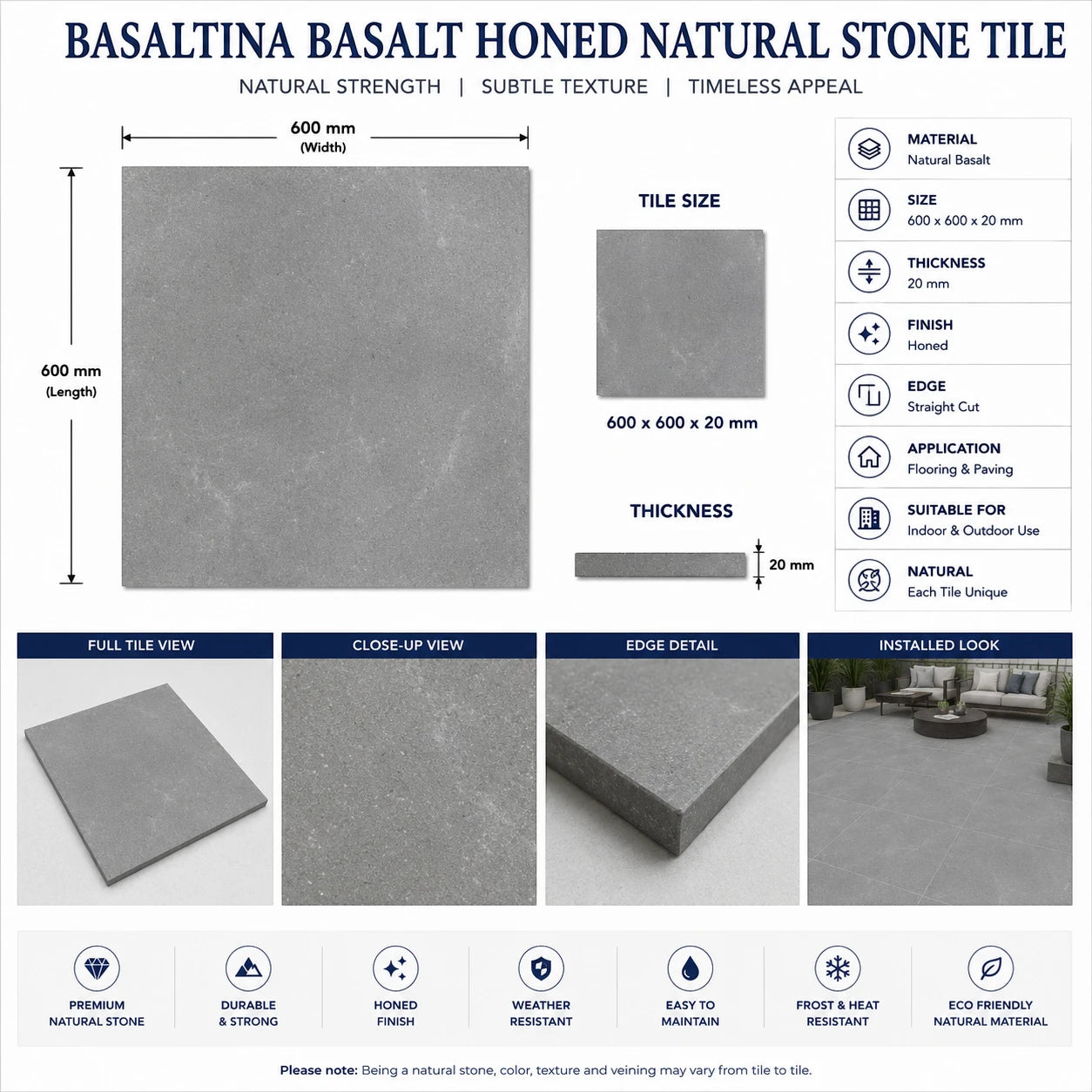 Basaltina Basalt Honed Natural Stone Tile 600x600x20mm