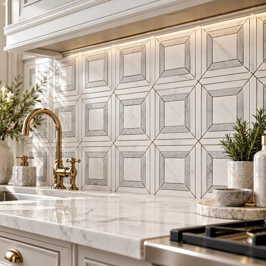 Bianco Dolomite Waterjet Matt Polished Marble Mosaic Sheet (305 × 305 mm)
