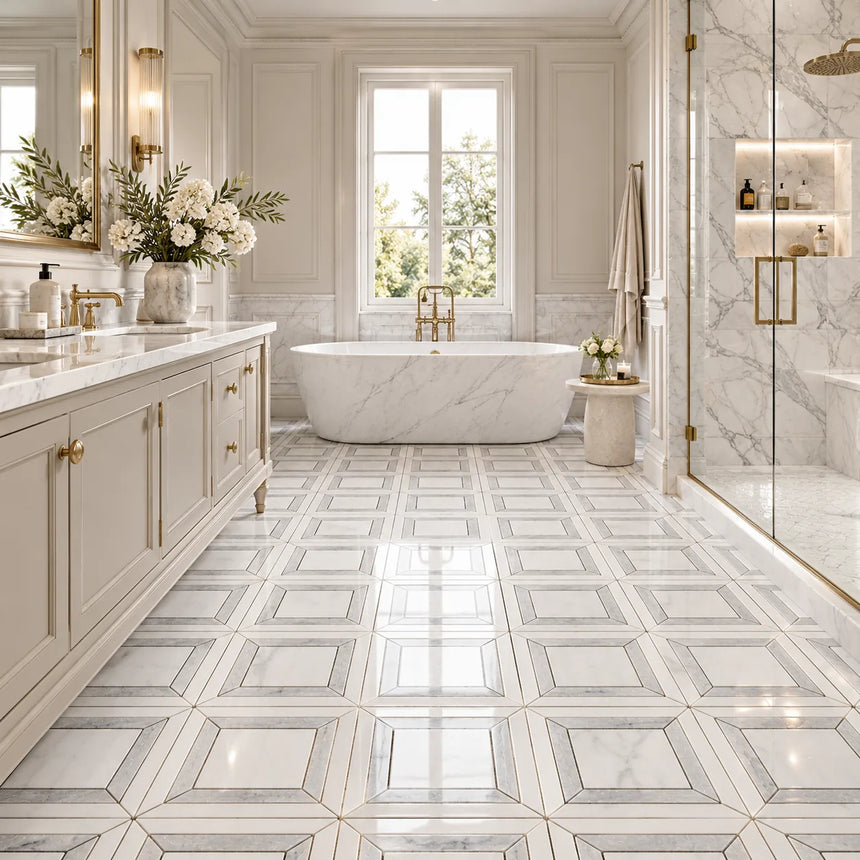 Bianco Dolomite Waterjet Matt Polished Marble Mosaic Sheet (305 × 305 mm)