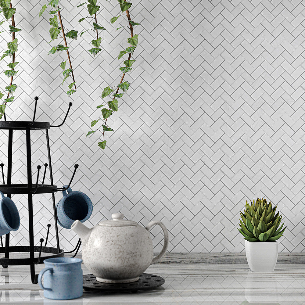 Bianco Thassos Polished Herringbone Marble Mosaic