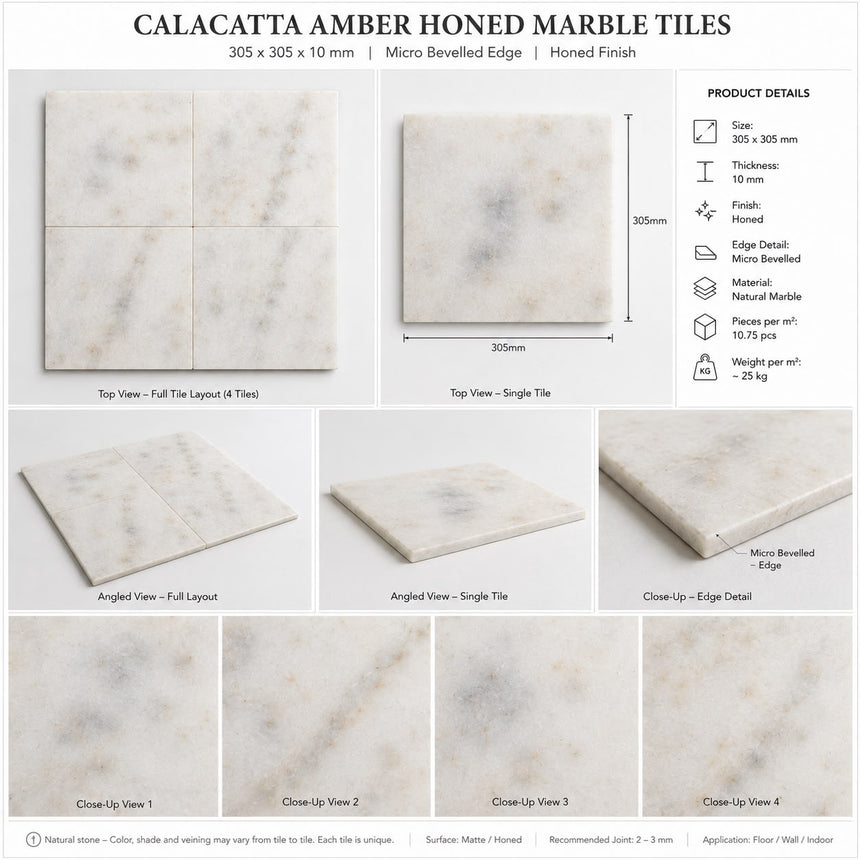 Calacatta Amber Honed Marble Tiles 305x305x10mm