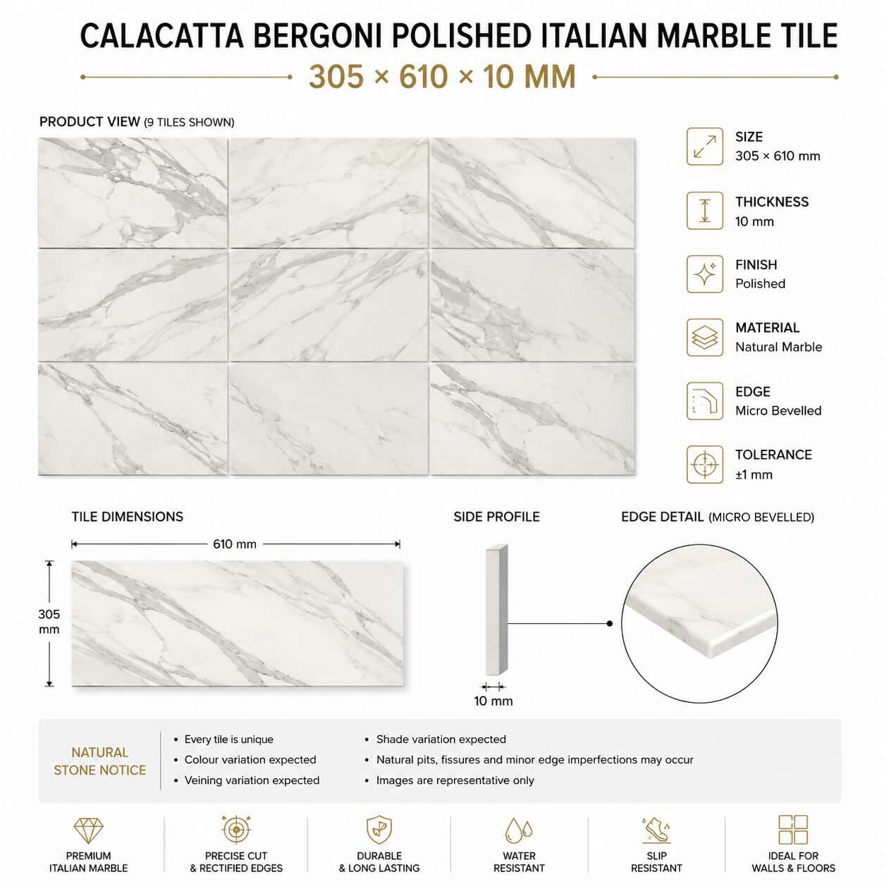 Calacatta Bergoni Polished Italian Marble Tile 305 × 610 mm