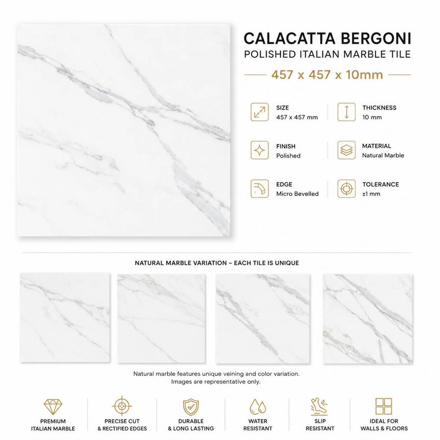 Calacatta Bergoni Polished Italian Marble Tiles | 457x457x10mm