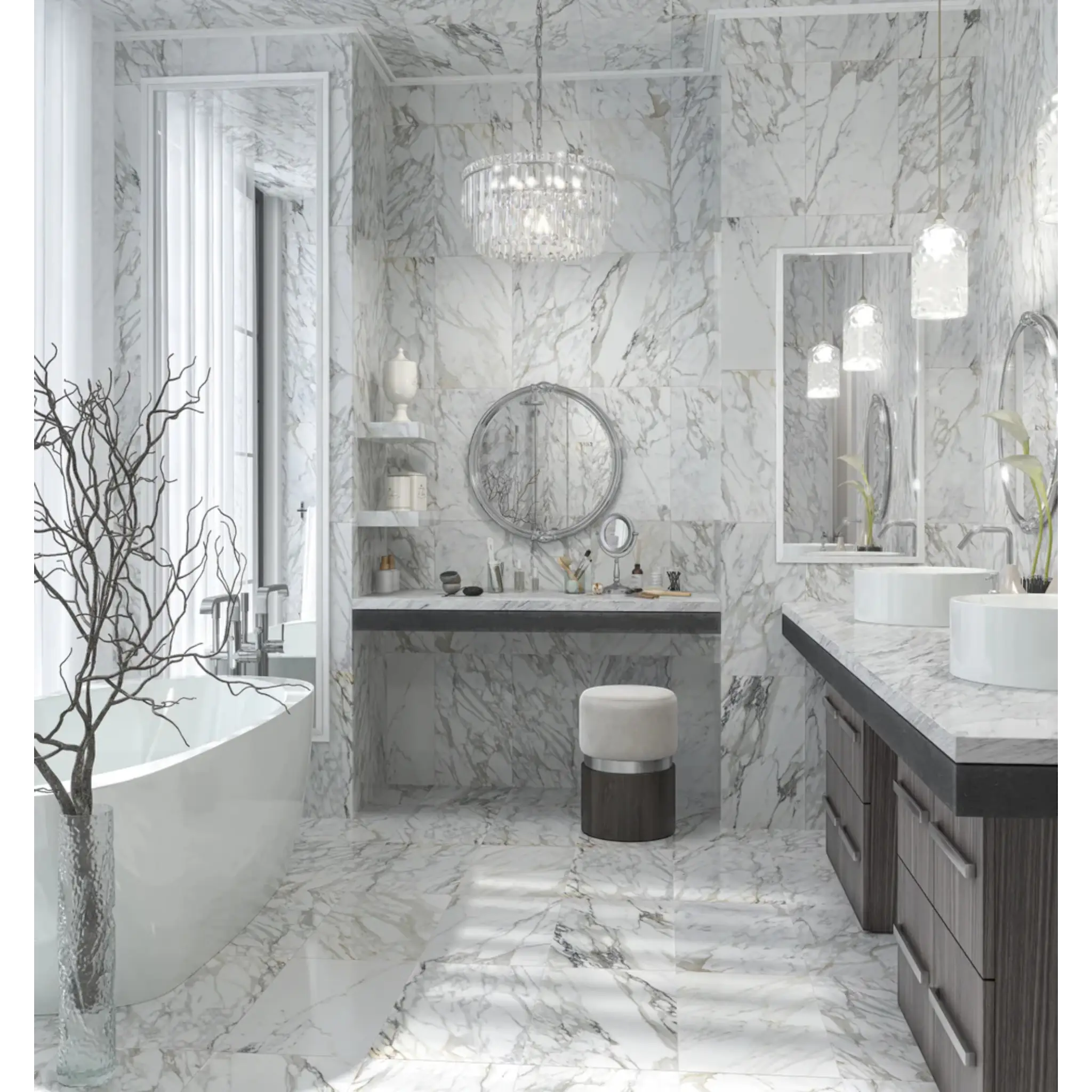 Modern bathroom with marble walls and floor, featuring a freestanding bathtub and double vanity.