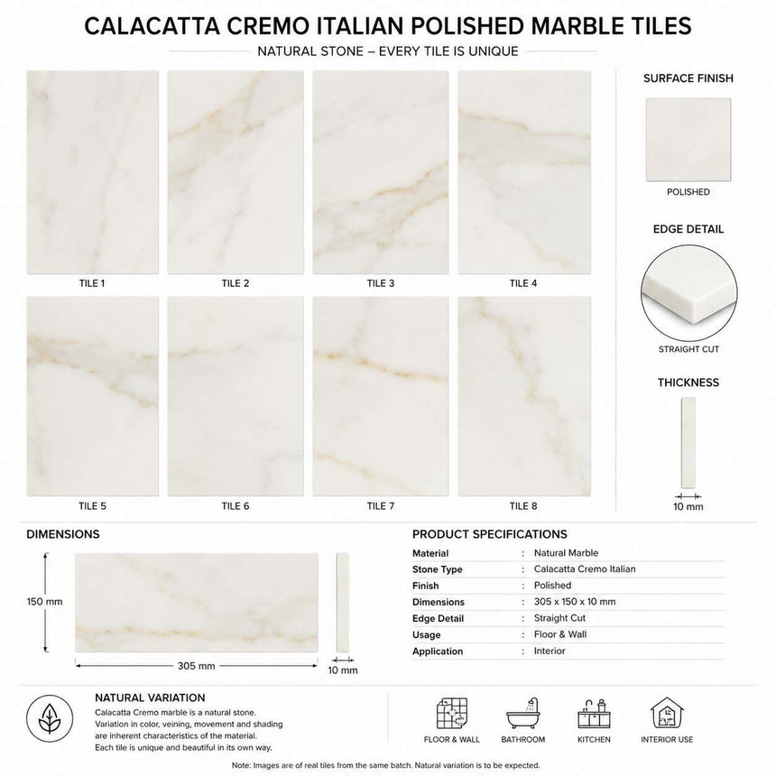 Calacatta Cremo Polished Italian Marble Tiles | Subway Metro | 150x300x10mm