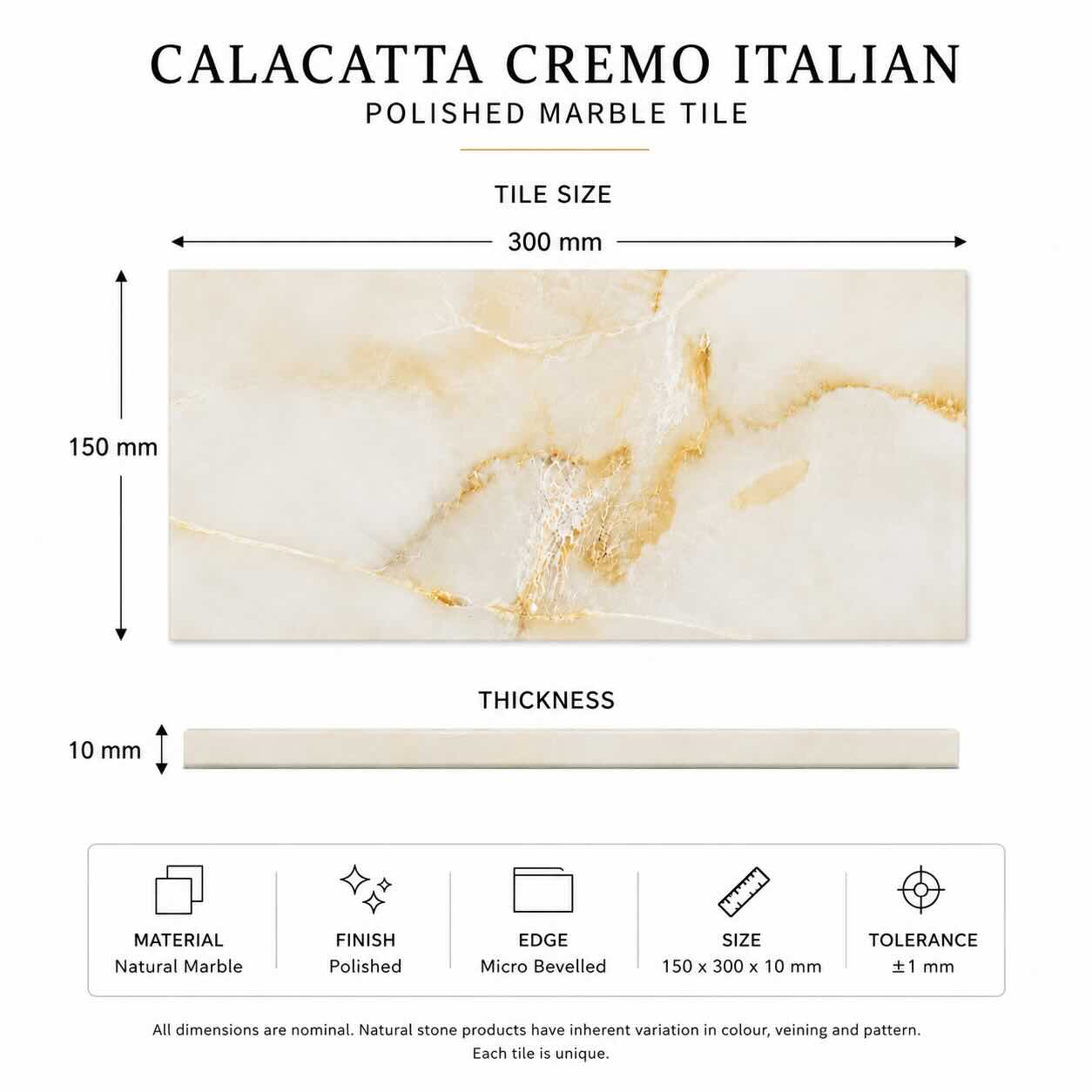 Calacatta Cremo Polished Italian Marble Tiles | Subway Metro | 150x300x10mm