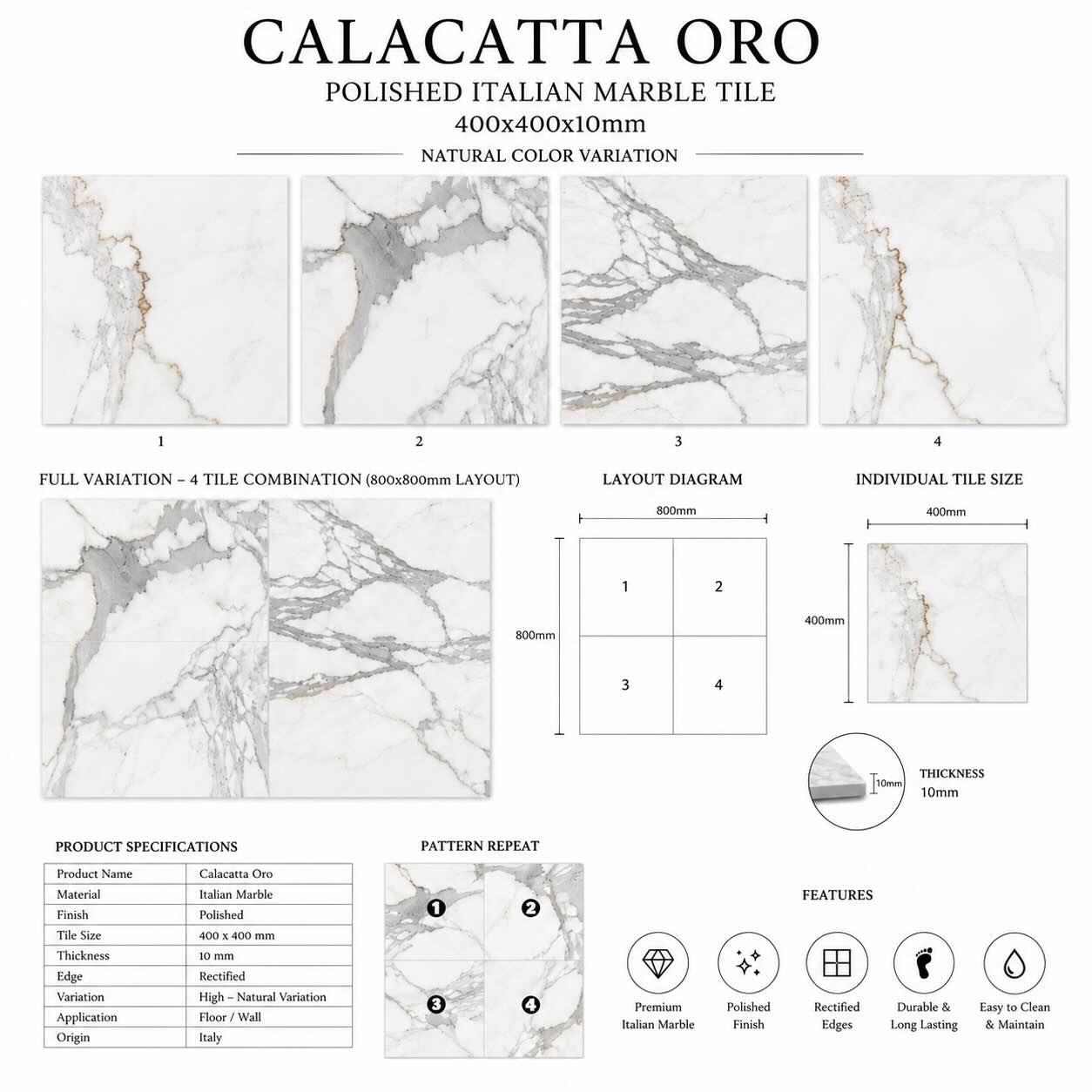 Calacatta Oro Polished Italian Marble Tiles 400x400mm