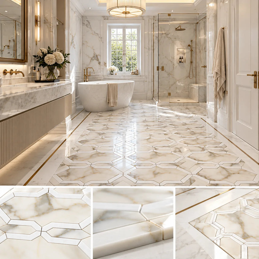 Calacatta Amber & Snow White Waterjet Marble Mosaic Tile 350 × 320 × 10 mm