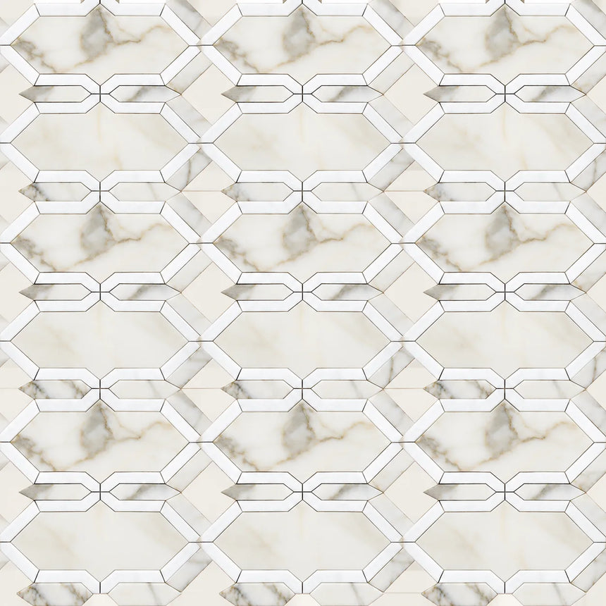 Calacatta Amber & Snow White Waterjet Marble Mosaic Tile 350 × 320 × 10 mm
