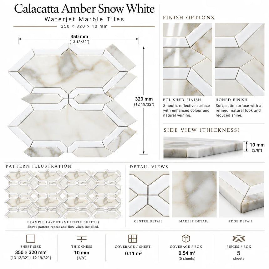 Calacatta Amber & Snow White Waterjet Marble Mosaic Tile 350 × 320 × 10 mm