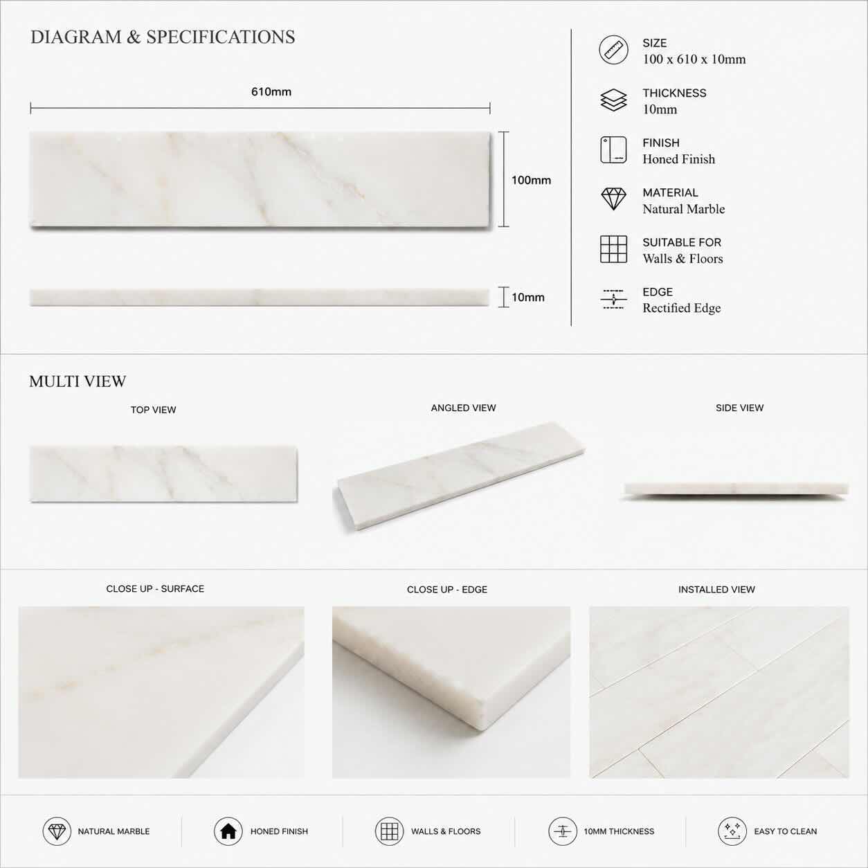Calacatta Amber Honed Subway Marble Tile – 100 × 610 × 10 mm