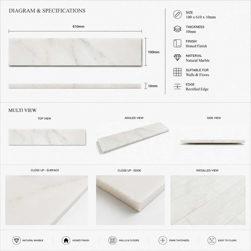 Calacatta Amber Honed Subway Marble Tile – 100 × 610 × 10 mm