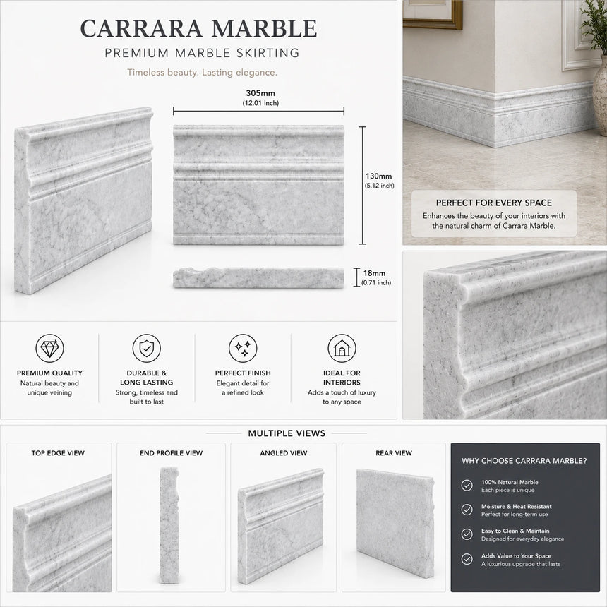 Carrara CD Marble Base Art Deco Skirting Board | 130x305x18mm