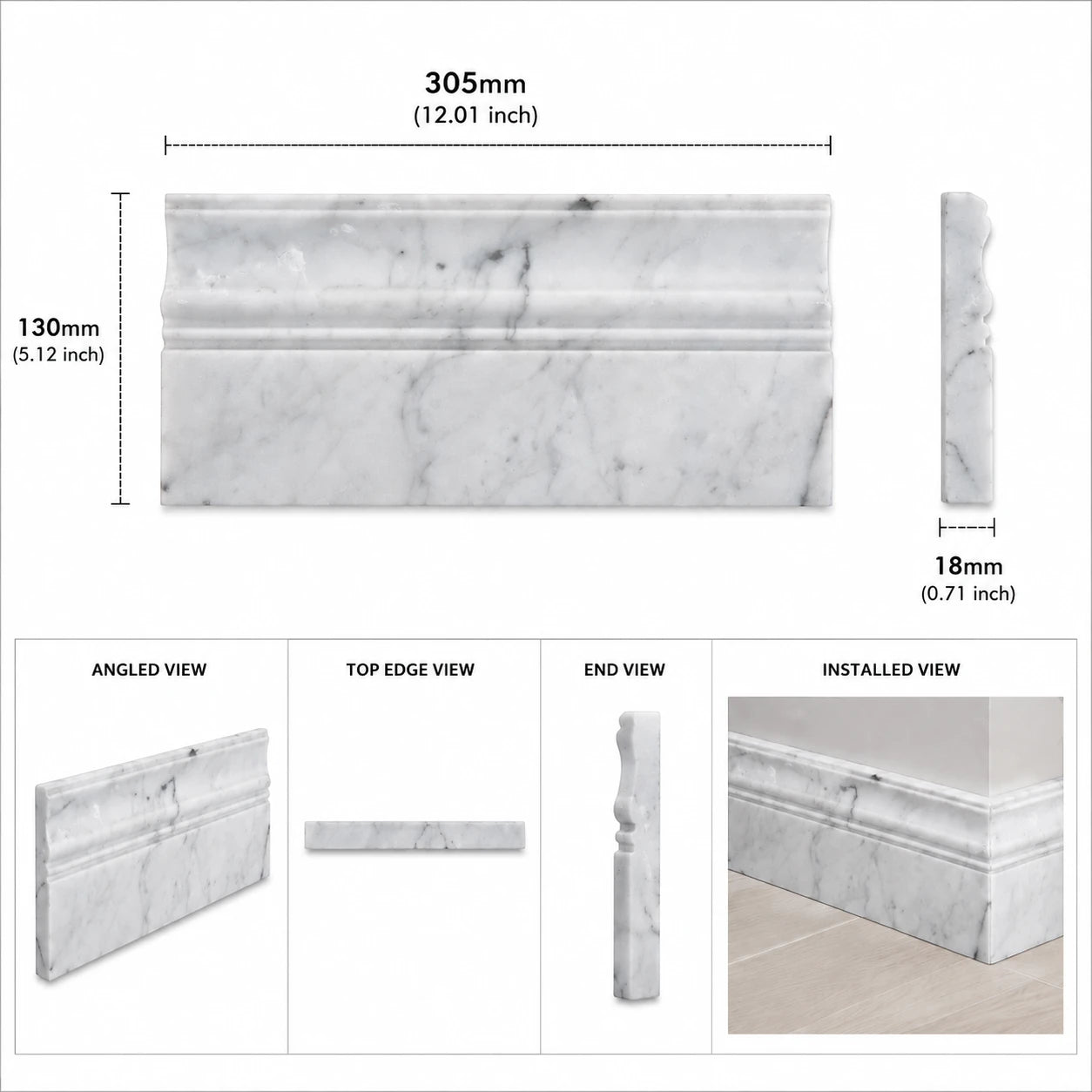 Carrara Marble Art Deco Skirting Board | 130x305x18mm