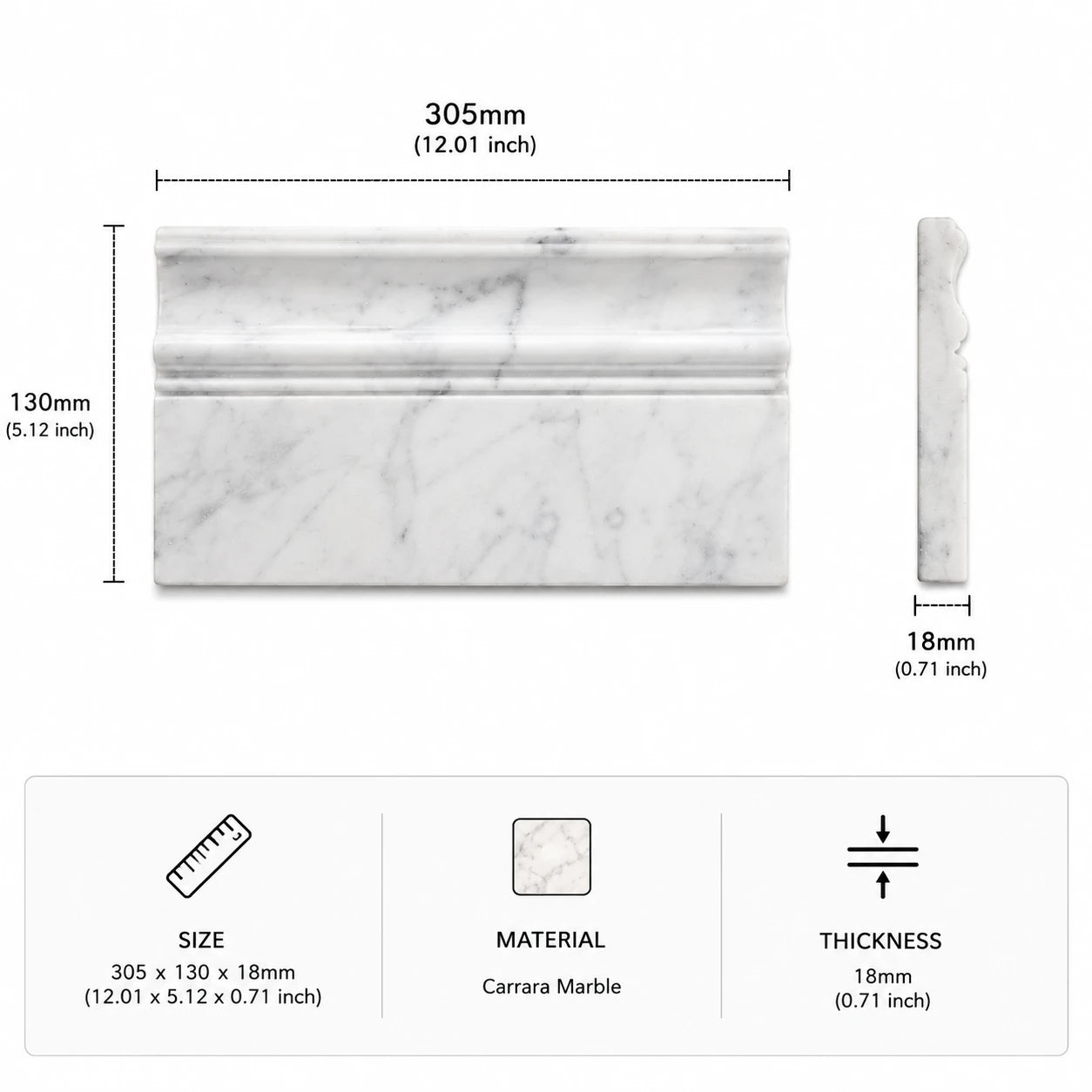 Carrara Marble Art Deco Skirting Board | 130x305x18mm