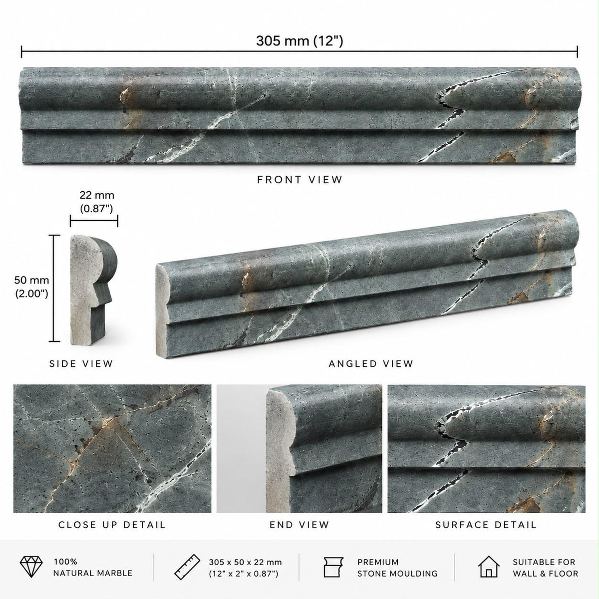 Close-up of Fitz Green honed marble satin finish and natural veining