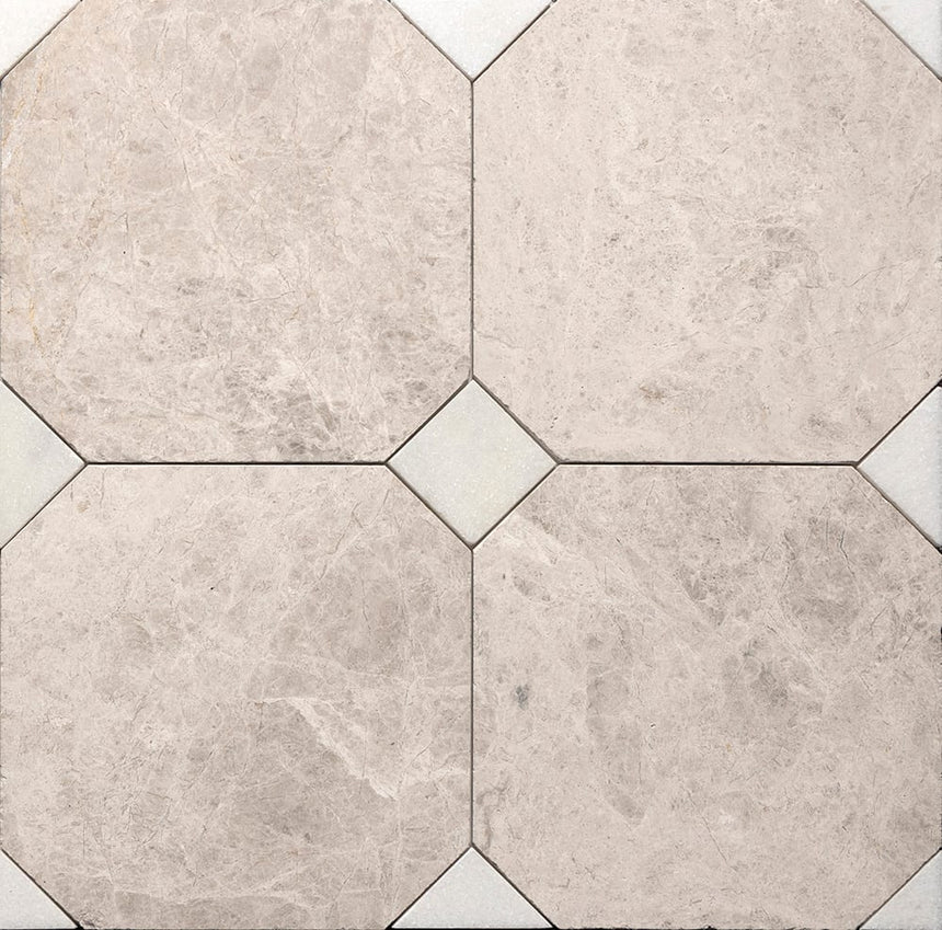 Fitz Tundra Honed Octagon Marble Tile with White Dots