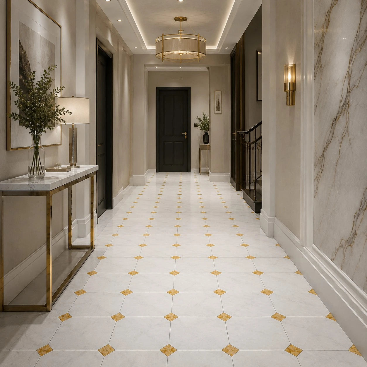 Fitz White Honed Octagon Marble Tile with Gold Onyx 305x305x10mm