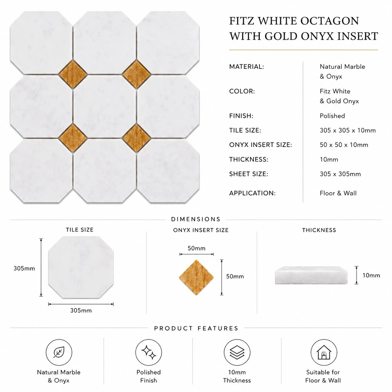 Fitz White Honed Octagon Marble Tile with Gold Onyx 305x305x10mm