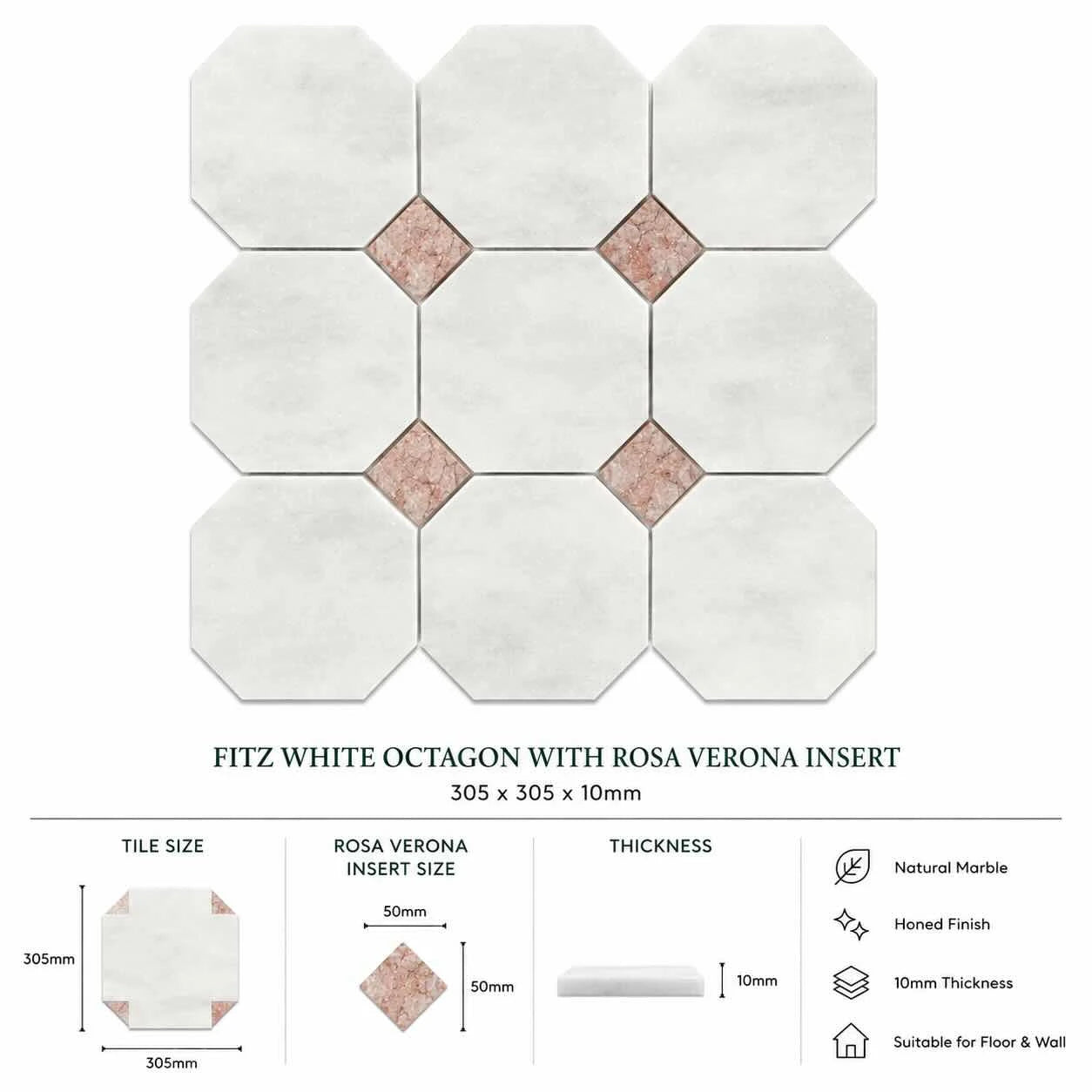 Fitz White Honed Octagon Marble Rosa Verona 305x305x10mm