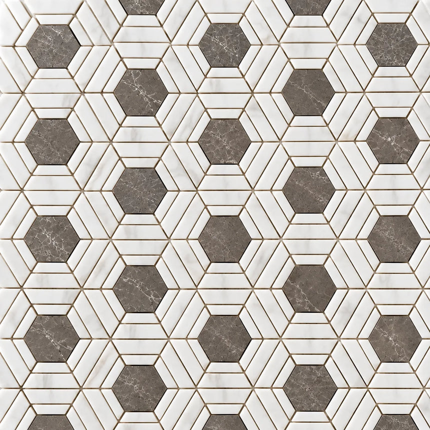 Bianco Carrara, Dolomite & Emperador Daisy Flower Marble Mosaic 310x270x10mm