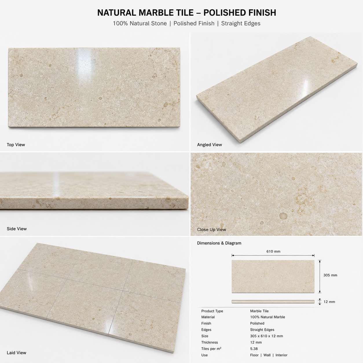 Crema Marfil Polished Marble Tiles 305x610x12mm