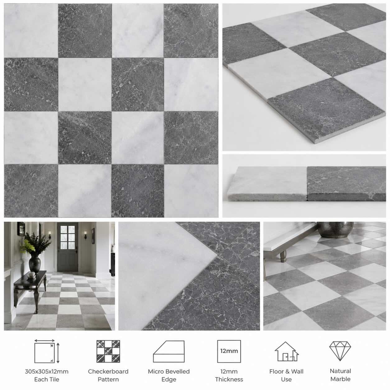 Pietra Grey & Calacatta White Checkerboard Marble Tiles 305x305mm
