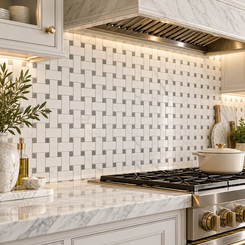 Bianco Dolomite Basketweave Matt Polished Marble Mosaic Sheet (25 × 50 mm)