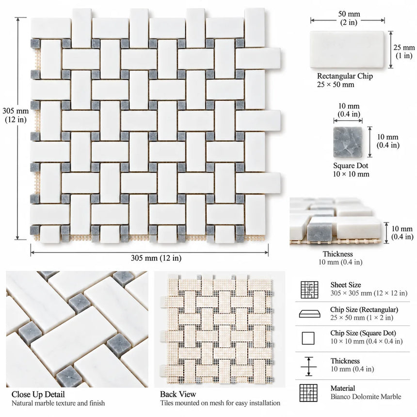 Bianco Dolomite Basketweave Matt Polished Marble Mosaic Sheet (25 × 50 mm)