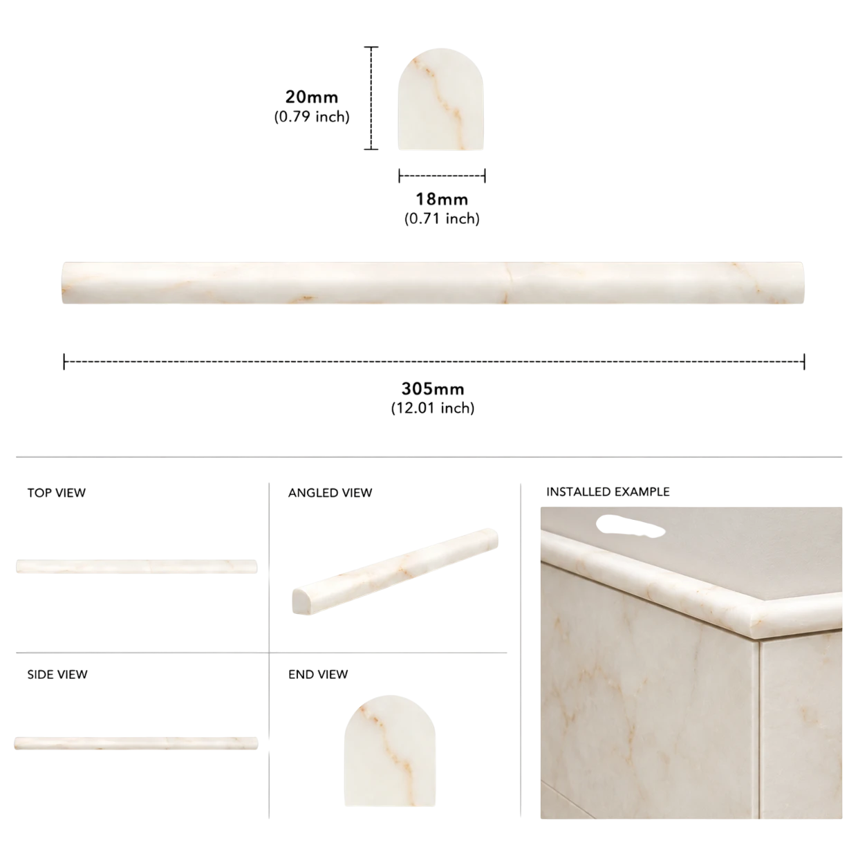 Calacatta Amber Honed Marble Pencil Moulding - 305 × 18 × 20mm