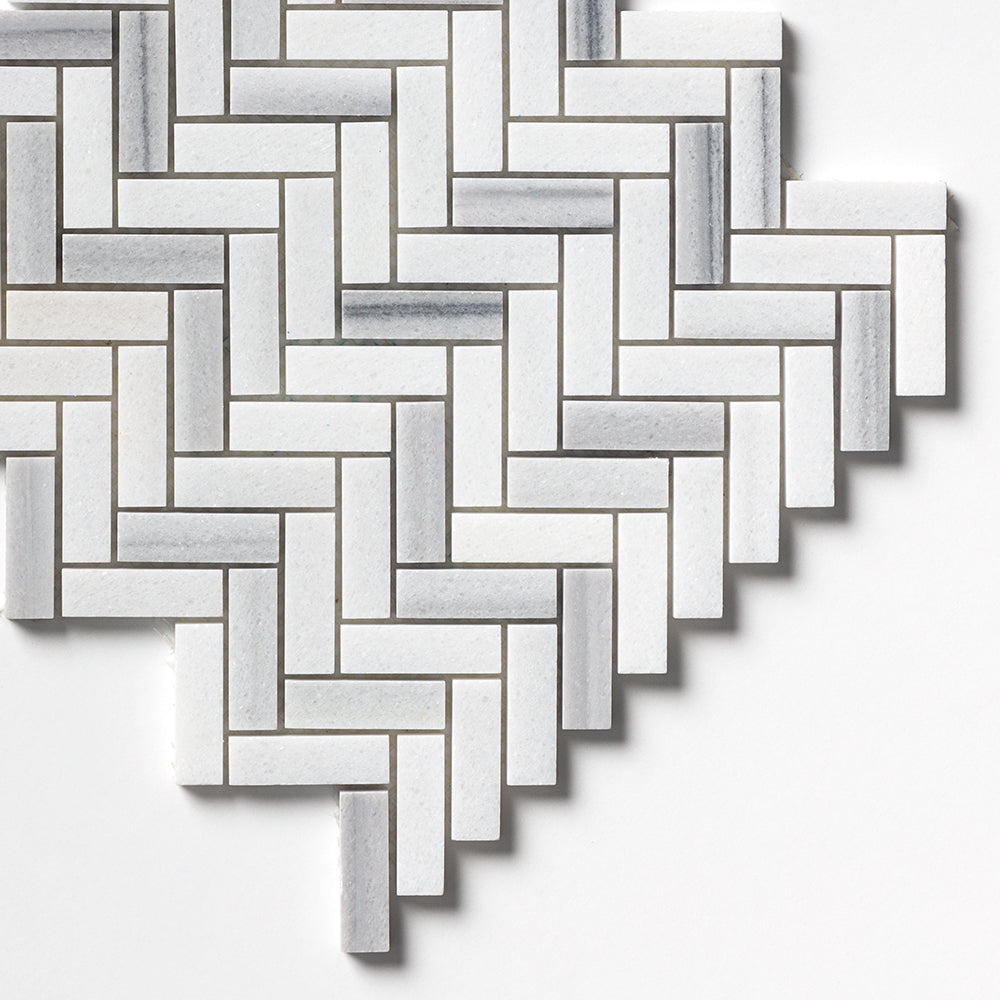 Bathroom wall with Carrara Neptune Honed Herringbone Marble Mosaic Tiles white marble classic layout.