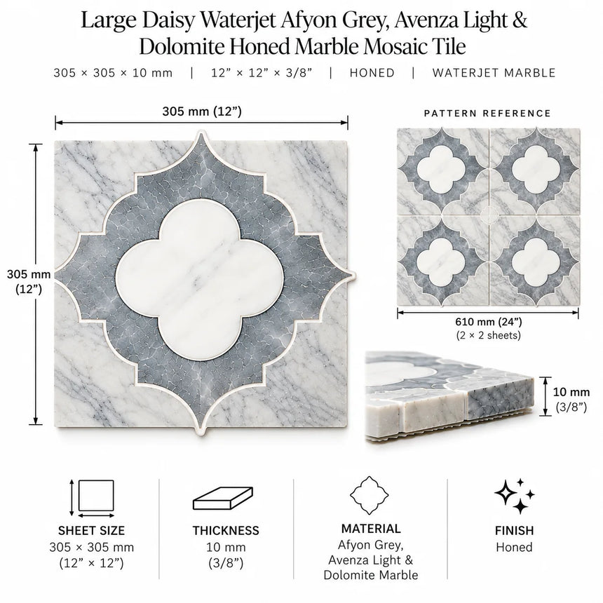 Large Daisy Waterjet Afyon Grey, Avenza Light & Dolomite Honed Marble Mosaic Tile 305 × 305 × 10 mm