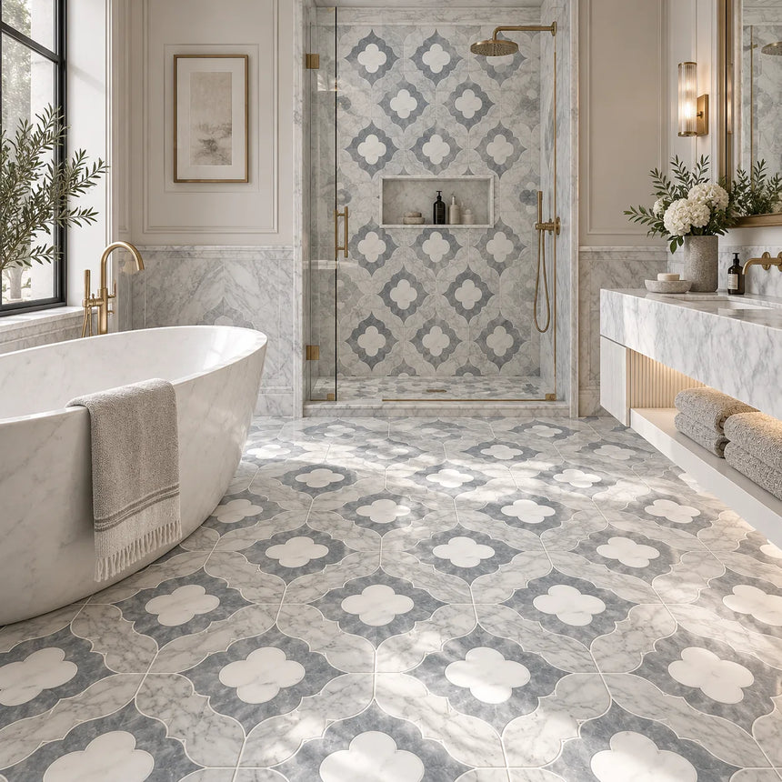 Large Daisy Waterjet Afyon Grey, Avenza Light & Dolomite Honed Marble Mosaic Tile 305 × 305 × 10 mm