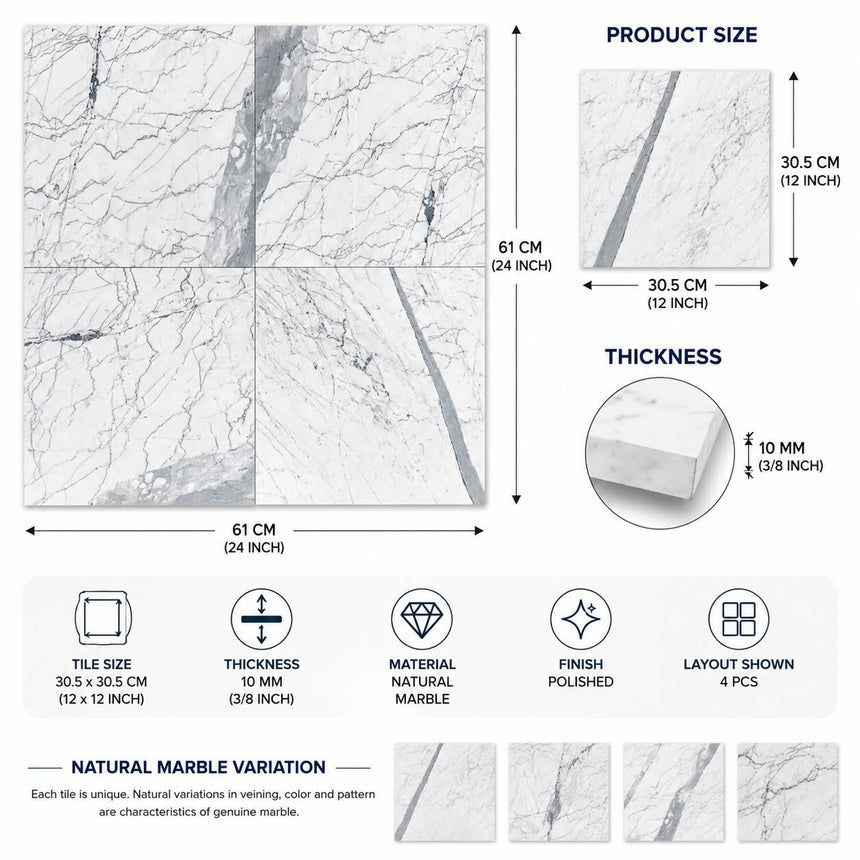 Statuario Italian Marble Tiles 305x305x10mm