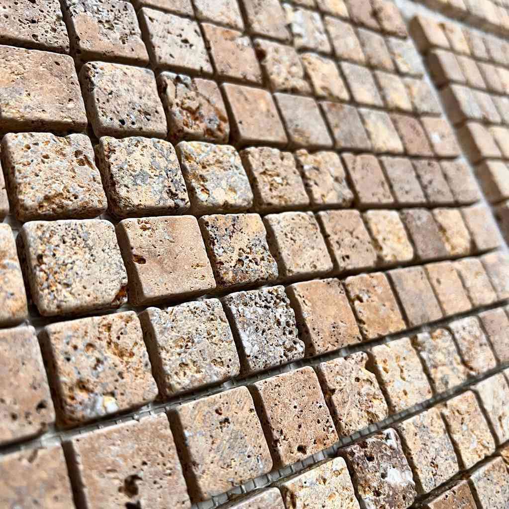 Marble Tiles - Gold Travertine Mosaic Tiles Tumbled Finish 23x23x10mm - intmarble