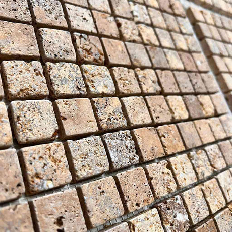 Marble Tiles - Gold Travertine Mosaic Tiles Tumbled Finish 23x23x10mm - intmarble