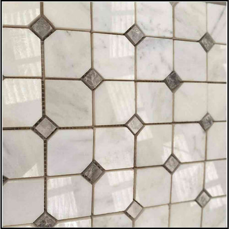 Marble Tiles - Octagon White Carrara Marble Mosaic Tile Grey Dots 50x50x10mm - intmarble