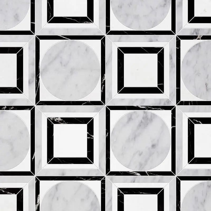 Marble Tiles - Rounded Square Waterjet Black Carrara Thassos Marble Decor - intmarble