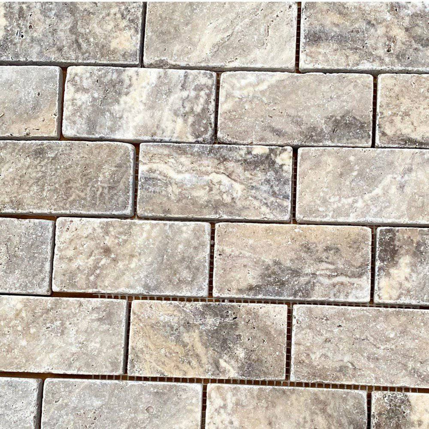 Marble Tiles - Tumbled Silver Romano Travertine Mosaic Tiles 50x100x10mm - intmarble