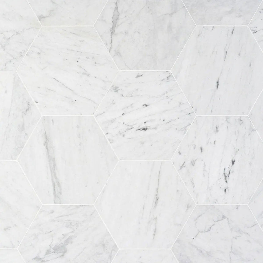 Marble Tiles - Bianco Carrara Waterjet Hexagon Marble Tiles 200x200x10mm - intmarble