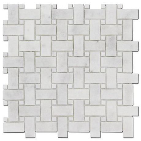 Marble Tiles - Basket Weave Marble Mosaic Tile With Thassos Dot 25x50x10mm - intmarble