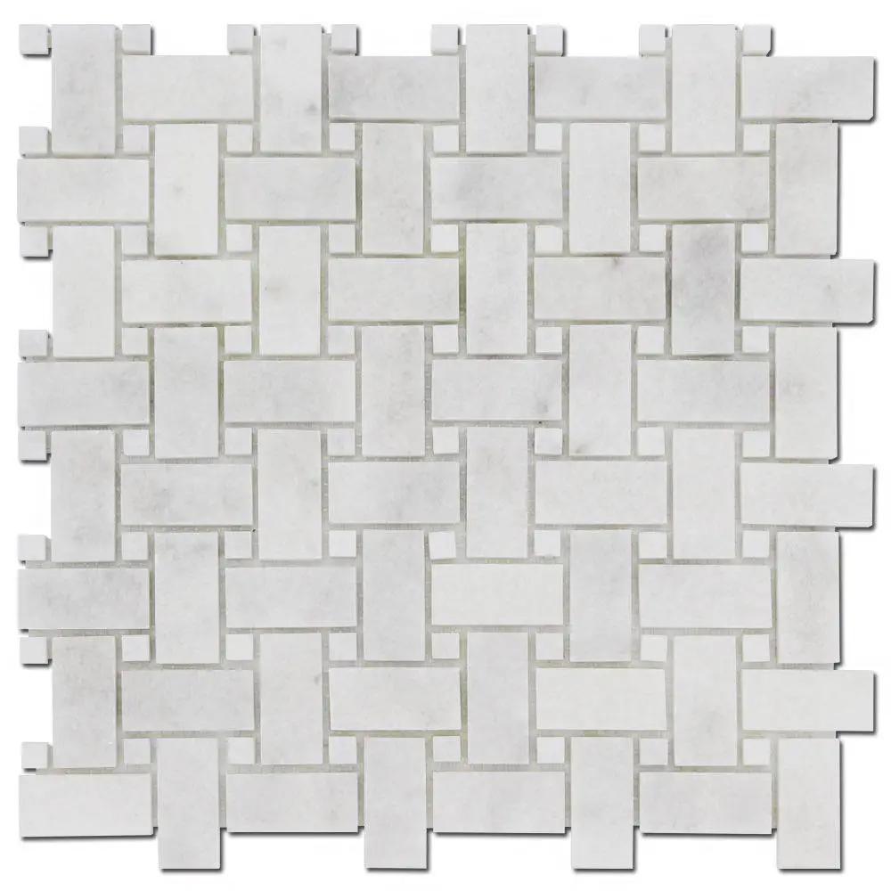 Marble Tiles - Basket Weave Marble Mosaic Tile With Thassos Dot 25x50x10mm - intmarble
