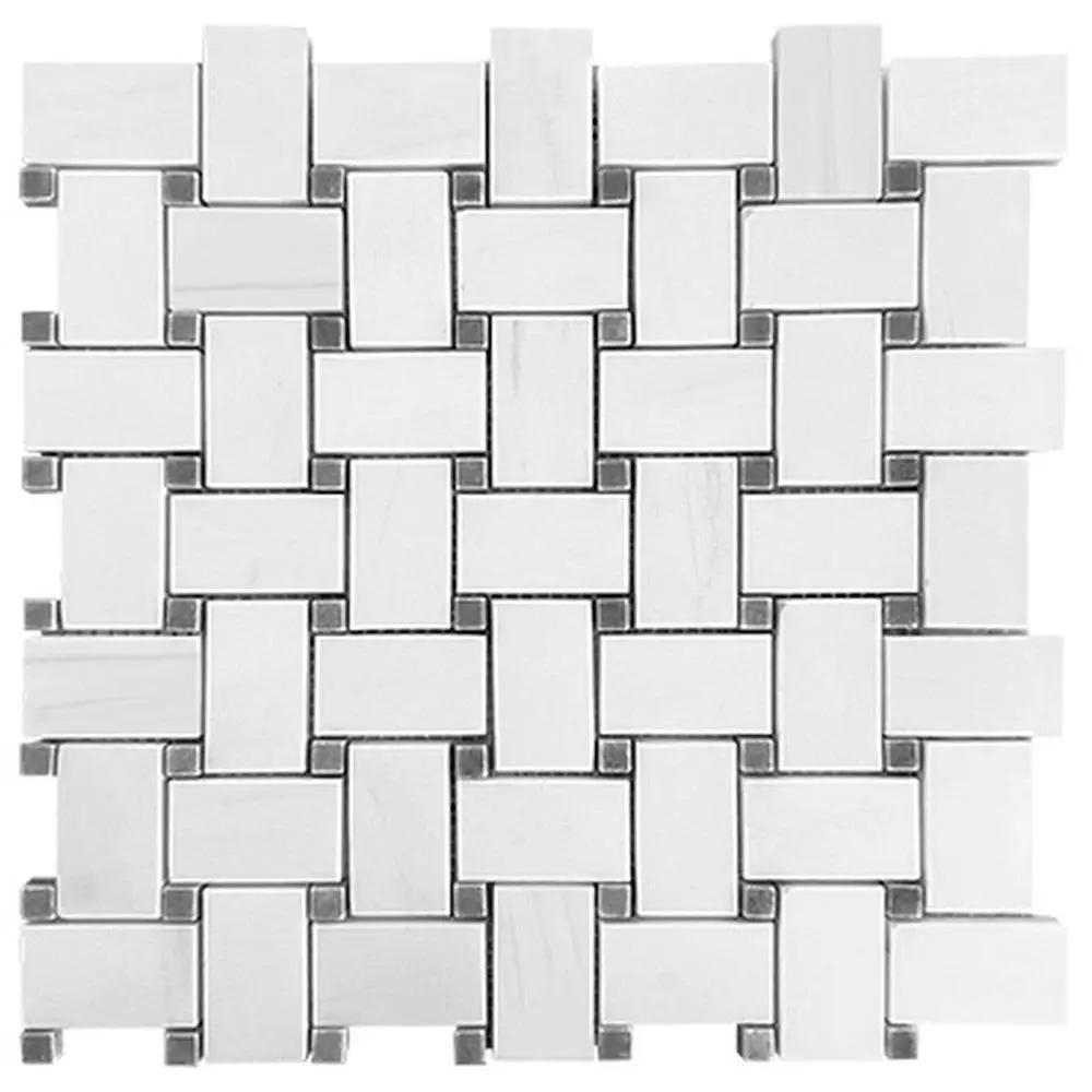 Marble Tiles - Basket Weave Polished Marble Mosaic Thassos Marble With Gray Dots - intmarble