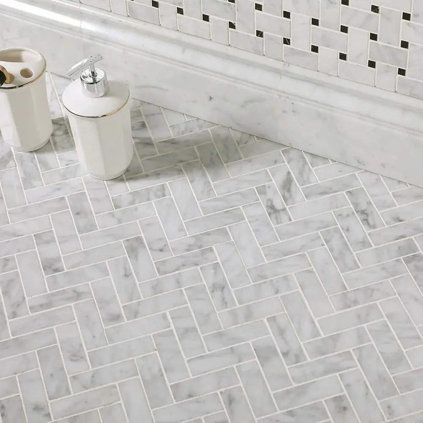 Marble Tiles - Carrara Marble Honed Herringbone Mosaic Tiles 25x75mm - intmarble