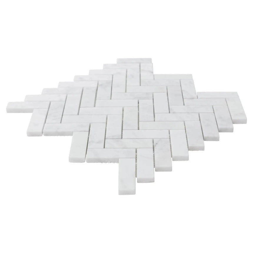 Marble Tiles - Carrara Marble Honed Herringbone Mosaic Tiles 25x75mm - intmarble