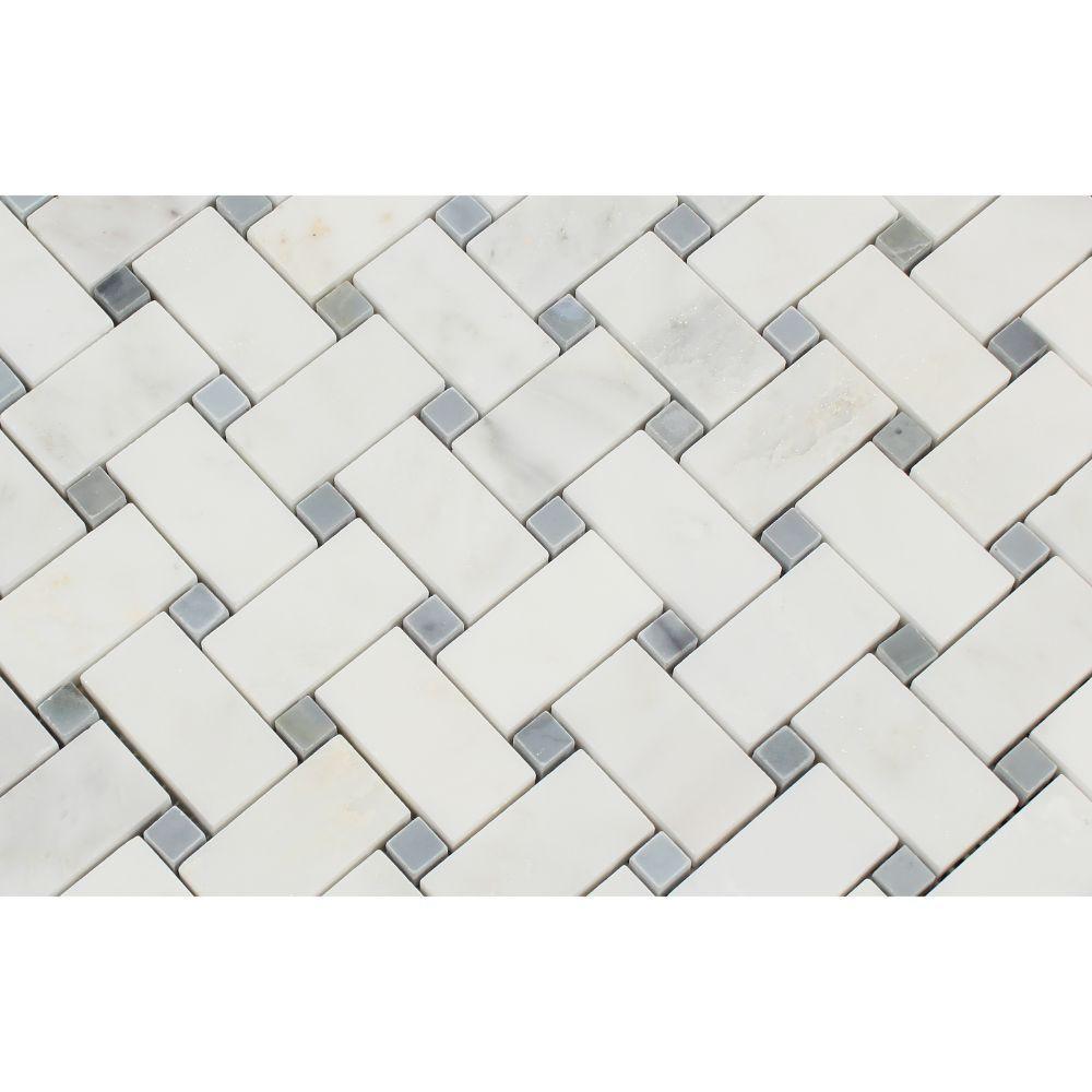 Marble Tiles - Calacatta Honed Basketweave Marble Mosaic With Bardiglio Dot - intmarble