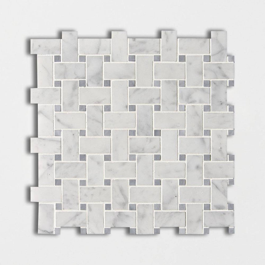 Marble Tiles - Calacatta Honed Basketweave Marble Mosaic With Bardiglio Dot - intmarble