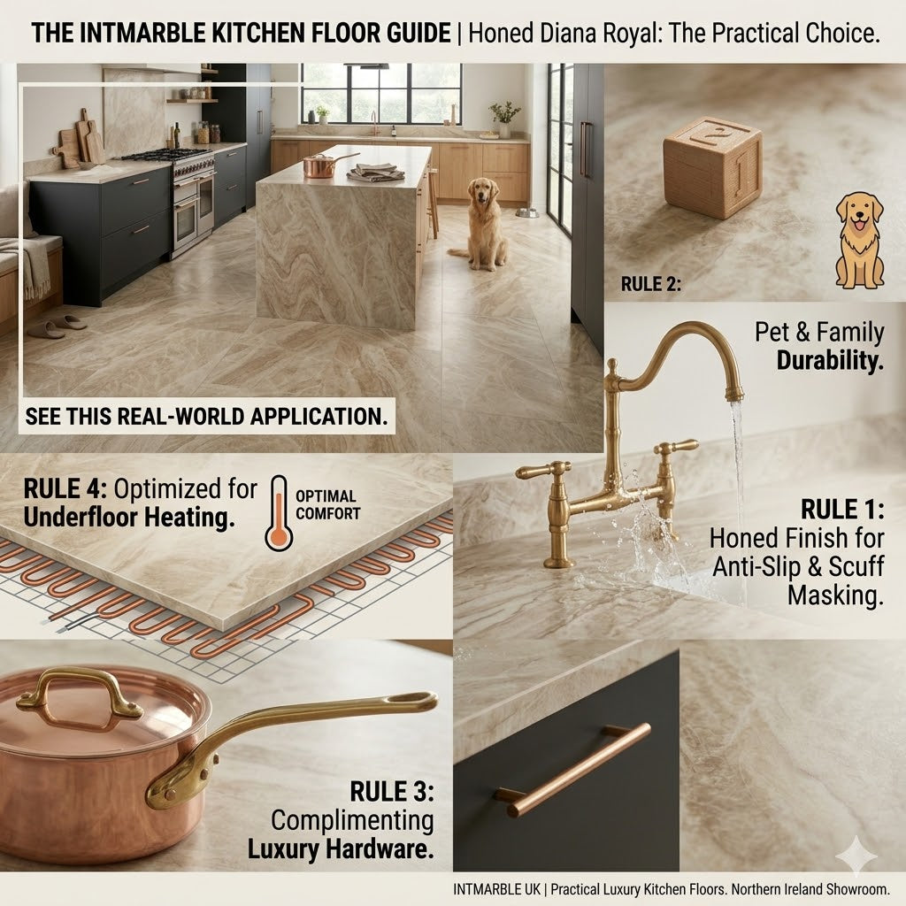 Large format honed Diana Royal marble kitchen floor tiles in a modern UK kitchen - IntMarble Northern Ireland